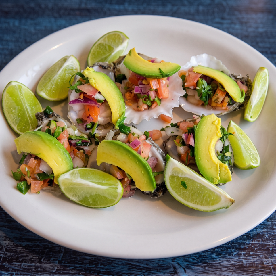Oysters topped with fresh salsa and avocado slices, garnished with lime wedges on a white plate.