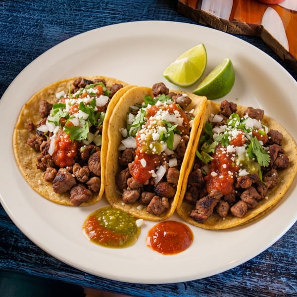 Three street tacos with meat, salsa, onions, cilantro, and cheese, served with lime and sauces.