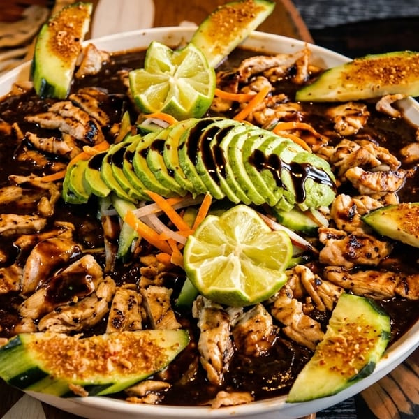 Chicken teriyaki bowl with sliced avocado, lime, and cucumber on a wooden background.