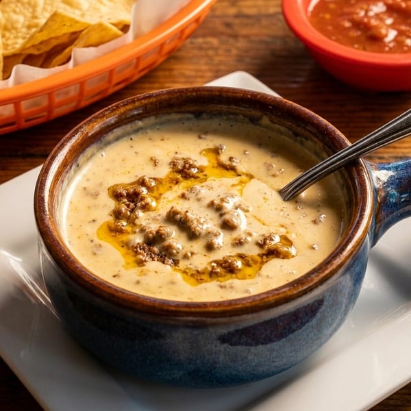 Creamy queso dip with ground beef and oil, served with tortilla chips and salsa.
