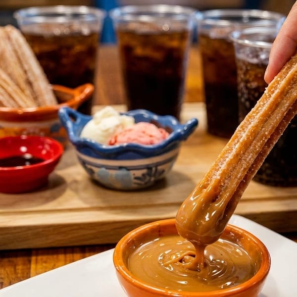 Hand dipping a churro into a caramel sauce, with ice cream, chocolate sauce, and drinks in the background.