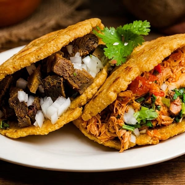 Two golden gorditas, one with beef and onions, the other with shredded chicken and cilantro, on a white plate.