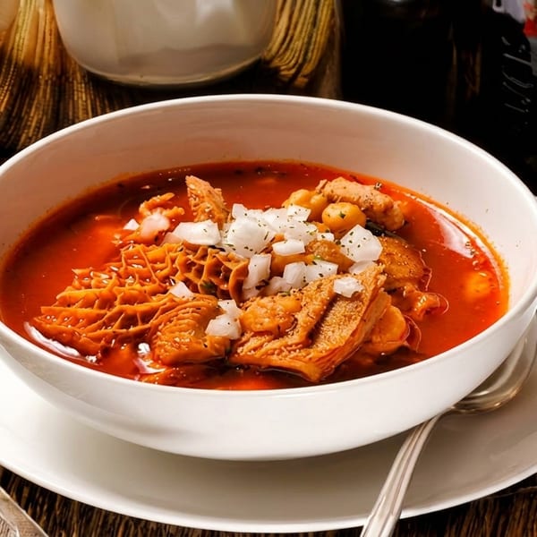 Menudo soup in a white bowl, garnished with diced onions and a lime wedge on a wooden table.