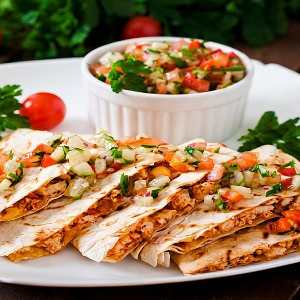 Chicken quesadillas topped with fresh salsa and a side of salsa on a white plate.